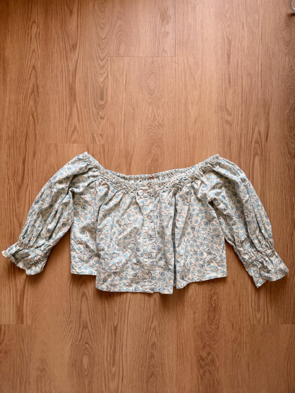 Free People Blue Floral Smocked Off-Shoulder Button Blouse